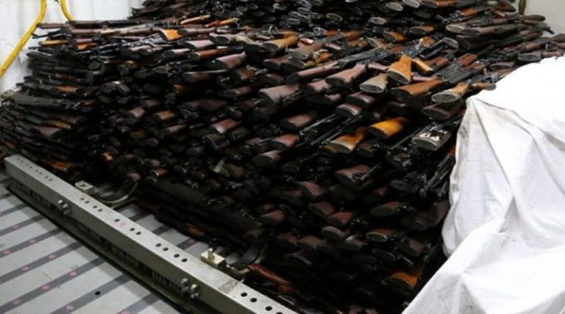 A cache of weapons is assembled on the deck of the destroyer USS Gravely. The weapons were seized from a stateless dhow which was intercepted by the coastal patrol ship USS Sirocco (PC 6) on March 28, 2016