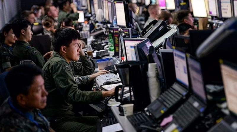 Members from U.S. and Republic of Korea militaries man the Hardened Theater Air Control Center, at Osan Air Base, ROK, during the first day of Ulchi Freedom Guardian, Aug. 17, 2015. Photo Credit: Airman 1st Class John Linzmeier, DoD.