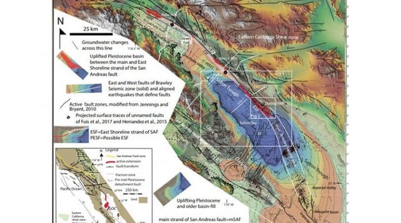 Map showing the faults and uplifting late Cenozoic basin fill (gray) of southeastern California. A larger version is available. Credit Jänecke et al. and Lithosphere