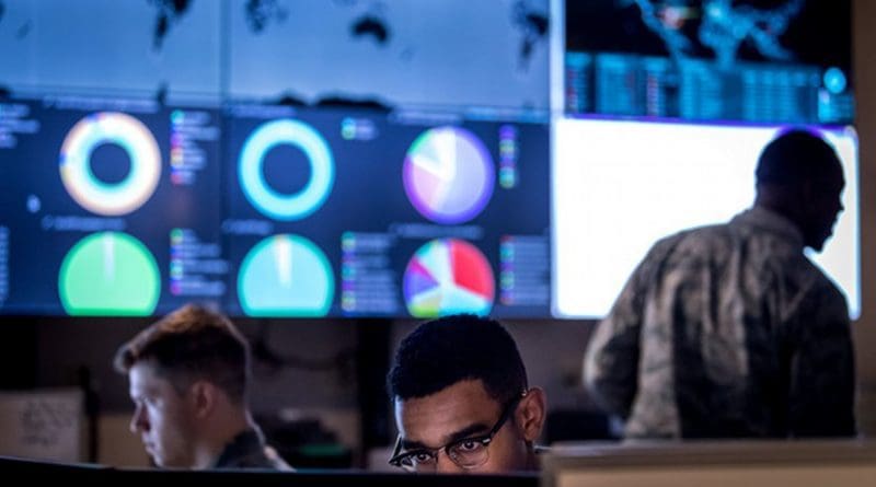 Cyber warfare operators assigned to the 275th Cyber Operations Squadron of the Maryland Air National Guard’s 175th Cyberspace Operations Group configure a threat intelligence feed for daily watch in the Hunter's Den at Warfield Air National Guard Base, Middle River, Md., Dec. 2, 2017. Air Force photo by J.M. Eddins Jr.