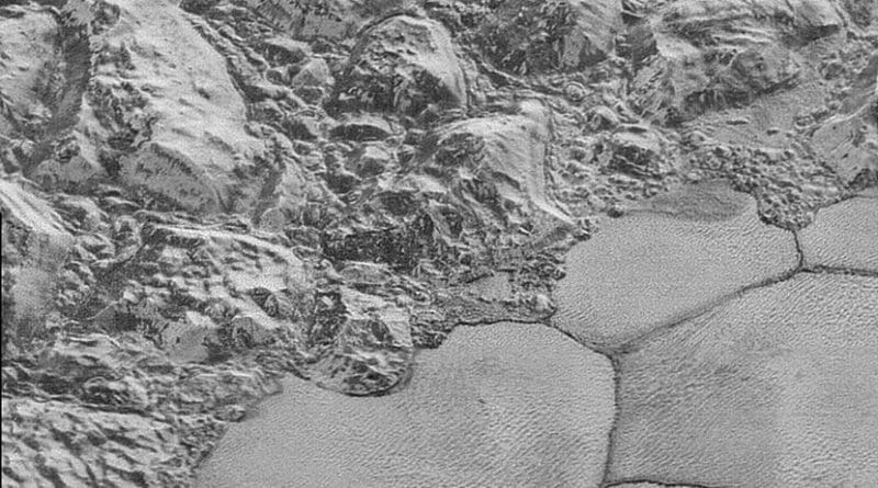 This image taken during the New Horizons mission shows the mountain range on the edge of the Sputnik Planitia ice plain, with dune formations clearly visible in the bottom half of the picture. Credit NASA/Johns Hopkins University Applied Physics Laboratory/Southwest Research Institute