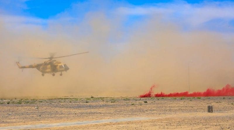 An Mi-17 from the Afghan air force prepares to land at the Regional Military Training Center-Kandahar during a medical evacuation exercise hosted by soldiers from the 2nd Battalion, 1st Security Force Assistance Brigade in Kandahar, Afghanistan, May 8, 2018. Army photo by Staff Sgt. Neysa Canfield