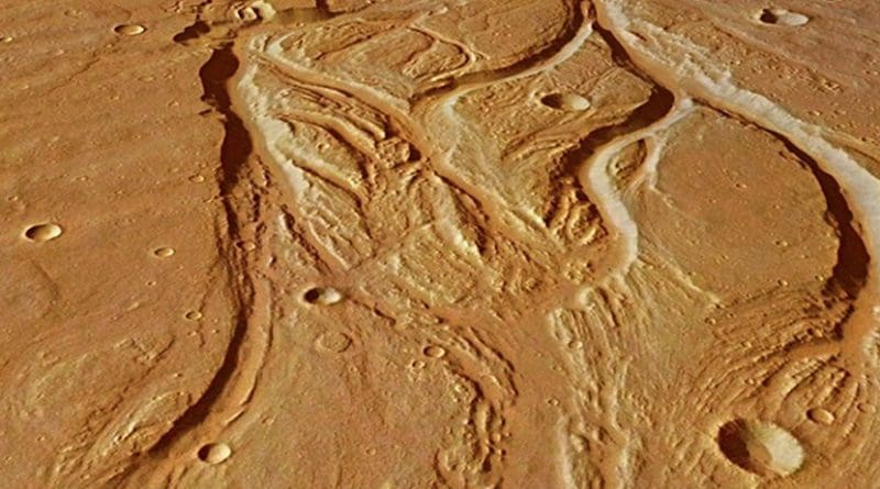 The central portion of Osuga Valles, which has a total length of 164 km. In some places, it is 20 km wide and plunges to a depth of 900 m. Credit Photograph: ESA/DLR/FU Berlin, CC BY-SA 3.0 IGO