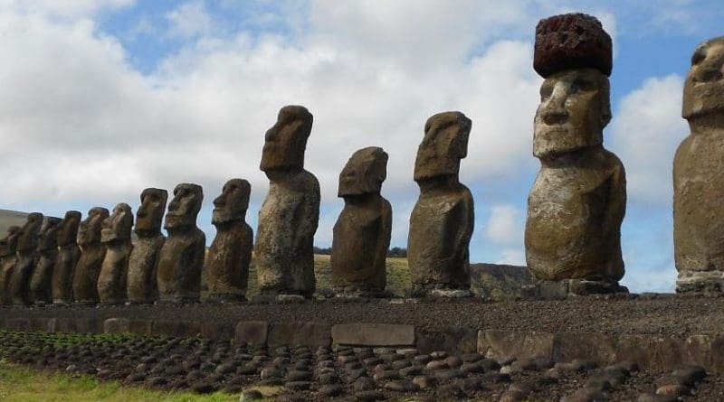 Restored statue platform with standing moai on the south coast of Rapa Nui. Note that one of the moai is adorned with a red scoria pukao. Credit Sean Hixon