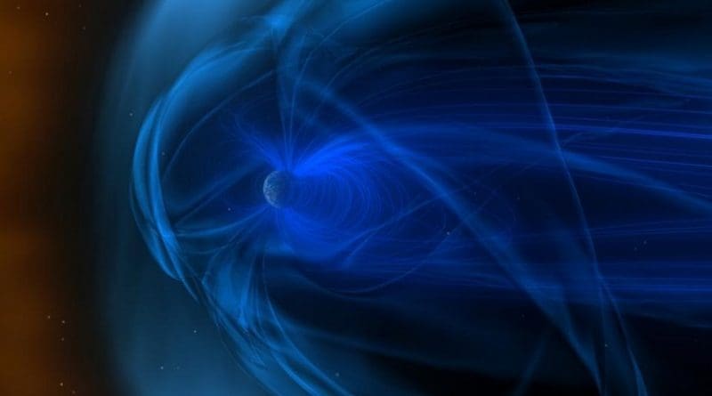 A giant magnetic field (swirling blue lines) surrounds Earth. As Earth travels through solar wind (orange area), its magnetic field creates a bow shock in front of itself (pale blue area). Credit NASA/Goddard Space Flight Center