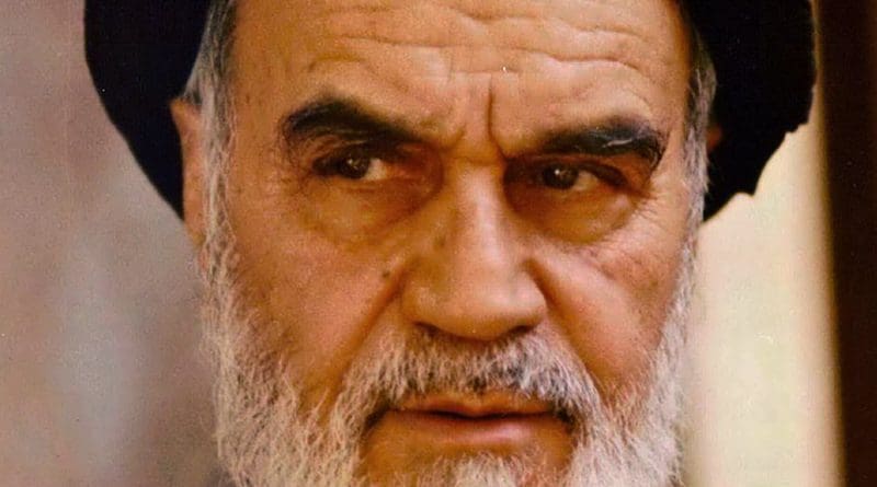 Photo of Iran's Ruhollah Khomeini by Mohammad Sayyad, Wikimedia Commons.