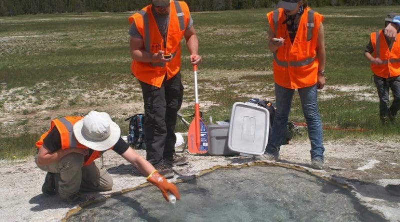 Washington State University researchers 'spike' a Yellowstone hot spring with deuterium, a stable isotope, to calculate water and heat flowing out of the springs and estimate how fast magma is recharging beneath the Yellowstone supervolcano. The material had no environmental impact and was done with a permit from the National Park Service. Credit Washington State University