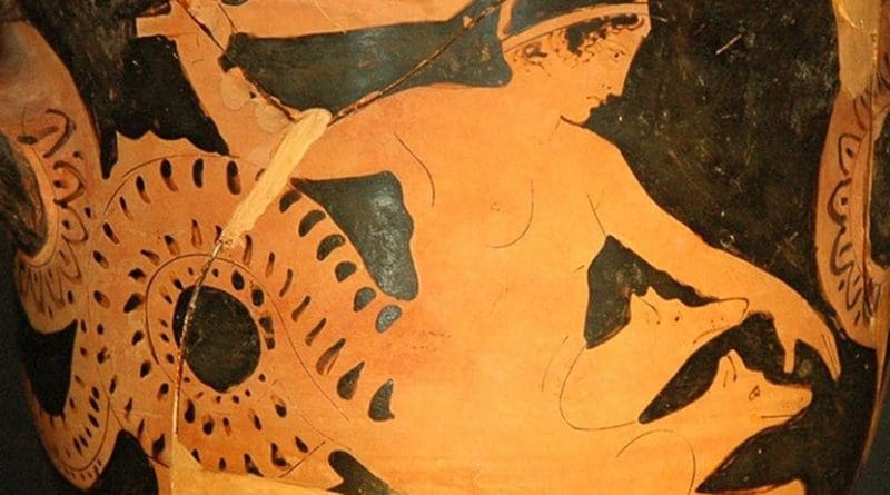 Scylla as a maiden with a kētos tail and dog heads sprouting from her body. Credit: Wikimedia Commons.