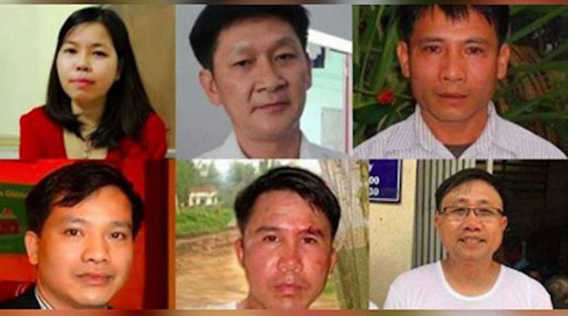The six jailed activists are, from top right: Pastor Nguyen Trung Ton, Truong Minh Duc, Le Thu Ha, Nguyen Bac Truyen, Pham Van Troi and Nguyen Van Dai. (Photo courtesy of the Brotherhood for Democracy)