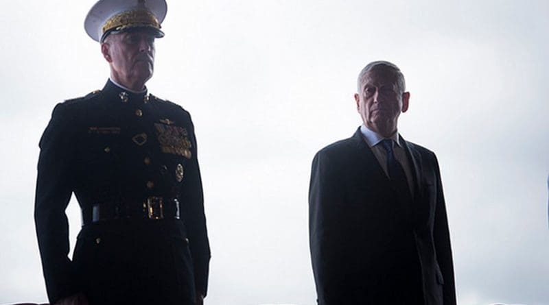Secretary of Defense James N. Mattis presides over the change of command ceremony as Adm. Phil Davidson relieved Adm. Harry Harris as Commander, U.S. Indo-Pacific Command (USINDOPACOM), on Joint Base Pearl Harbor-Hickam Wednesday, May 30, 2018. (DoD Photo by Tech Sgt. Vernon Young Jr.)