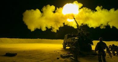 French soldiers, assigned to Task Force Wagram, conduct an evening fire mission in support of Operation Roundup in Qaim, Iraq, May 16, 2018. As a nonpermanent force, the coalition aims to enable the Iraqi security forces to be self-sufficient. Army photo by Spc. Zakia Gray