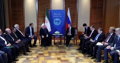Iranian President Hassan Rouhani and his Russian counterpart Vladimir Putin on the sidelines of the Shanghai Cooperation Organization summit in China’s Qingdao. Photo Credit: Tasnim News Agency.