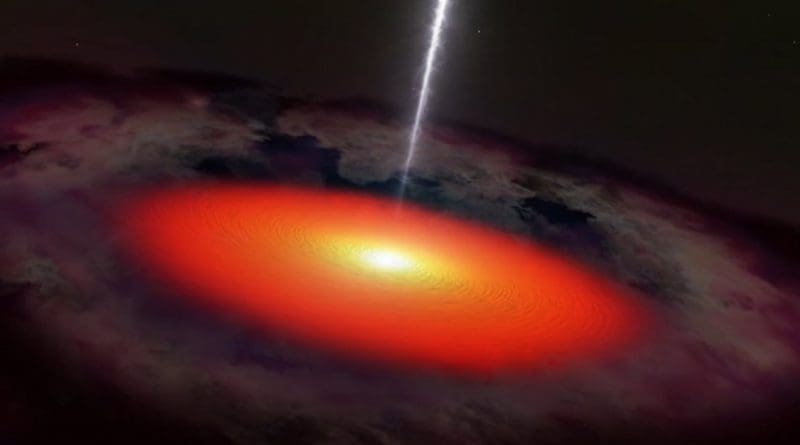 The discovery of a high-energy neutrino on September 22, 2017, sent astronomers on a chase to locate its source—a supermassive black hole in a distant galaxy. Credits: NASA’s Goddard Space Flight Center