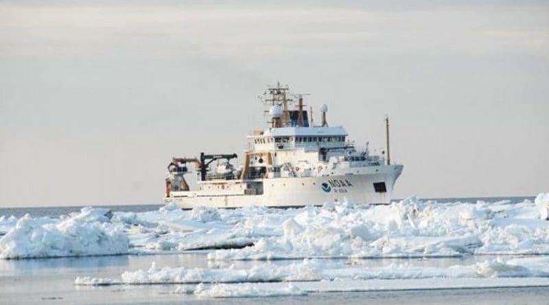 Environmentally complex Bering seascape with seasonal sea-ice cover, June 25, 2018. In the background is NOAA research vessel, Oscar Dyson. Credit National Oceanic and Atmospheric Administration/Department of Commerce