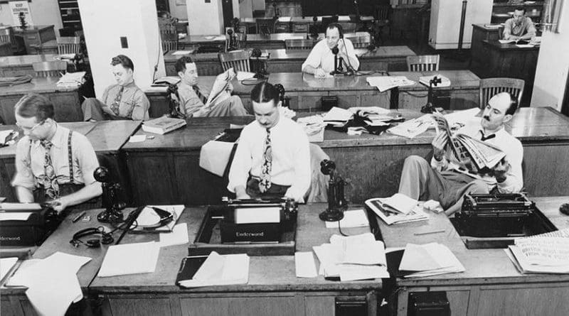 New York Times newsroom in 1942. Photo Credit: Marjory Collins, Library of Congress, Wikipedia Commons