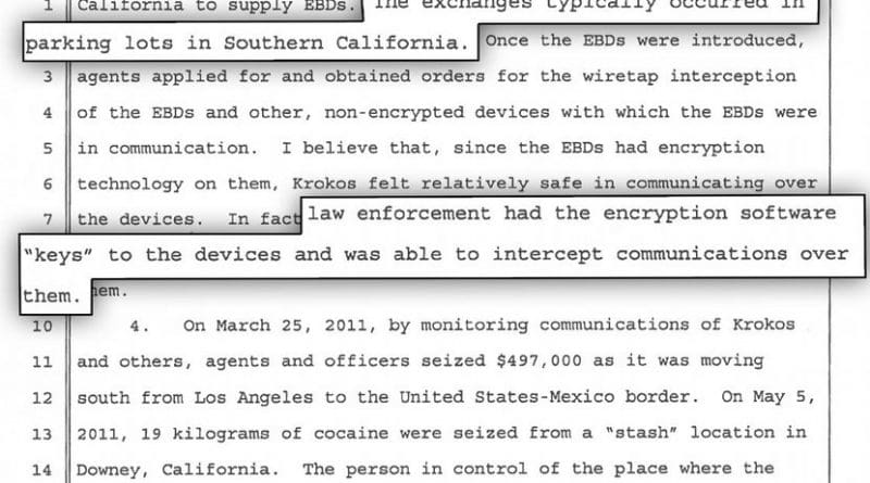 Excerpt from 2014 court document describing US Drug Enforcement Administration's undercover distribution of compromised phones. © 2018 Human Rights Watch