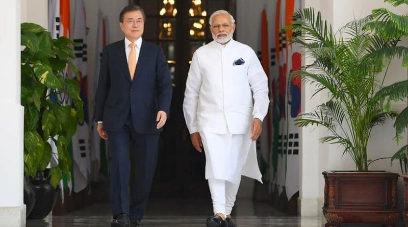 The Prime Minister, Shri Narendra Modi with the President of the Republic of South Korea, Mr. Moon Jae-in, at Hyderabad House, in New Delhi on July 10, 2018. Photo Credit: India PM Office.