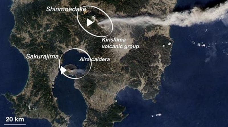 Southern Japan on Feb. 3rd, 2011, showing the active cones of Kirishima (Shinmoedake) and Aira caldera (Sakurajima) volcanoes. While Kirishima is erupting very strongly, Aira's activity is relatively low. Credit NASA