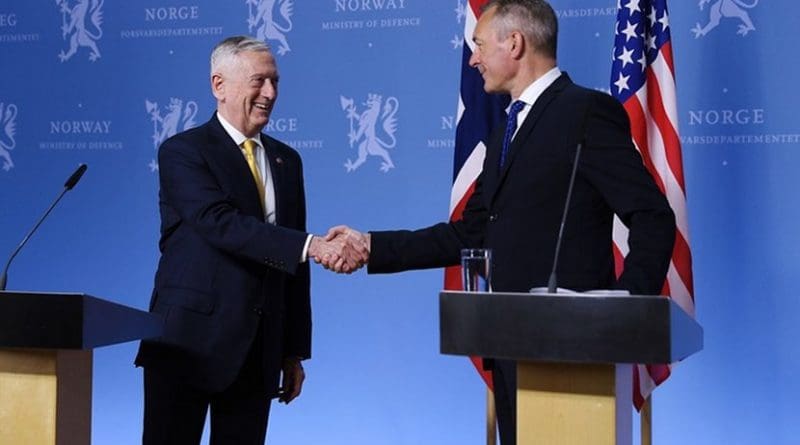 US Defense Secretary James N. Mattis, left, meets with Norwegian Defense Minister Frank Bakke-Jense in Oslo, Norway. US State Department photo.