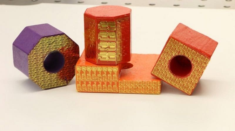 Electronic stickers can turn ordinary toy blocks into high-tech sensors within the 'internet of things.' Credit Purdue University image/Chi Hwan Lee