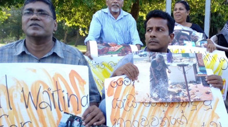 Human rights activists demonstrating in Colombo on July 13, urging the government to provide answers to the whereabouts of missing loved ones. (Photo supplied via UCAN)