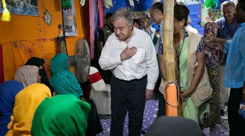 UN Secretary-General António Guterres (center) meets with Rohingya refugees in Cox’s Bazaar, Bangladesh. Photo Credit: UNFPA Bangladesh/Allison Joyce