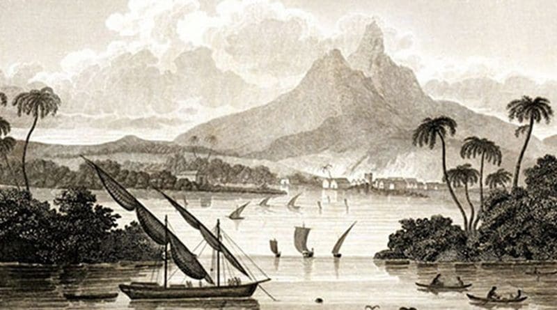 An engraving from Sketch of the Mosquito Shore, purporting to depict the "port of Black River in the Territory of Poyais". Credit: homas Strangeways (pseudonym), Wikimedia Commons.