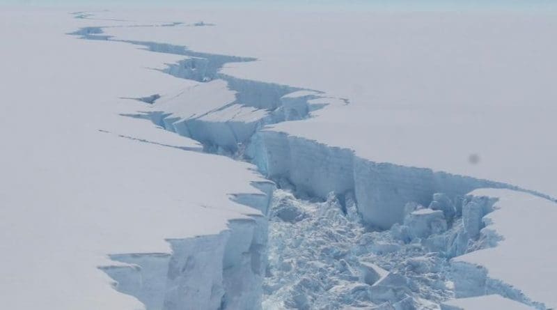 Rift propagation along the Larsen C Ice Shelf. This rift, which led to the calving of an iceberg twice the size of Luxembourg last year, raised questions about the future stability of Larsen C Ice Shelf in a warming world. Credit British Antarctic Survey