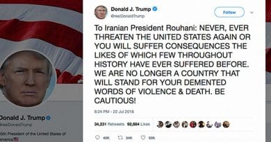 US President Donald Trump responds to Iran via Twitter.