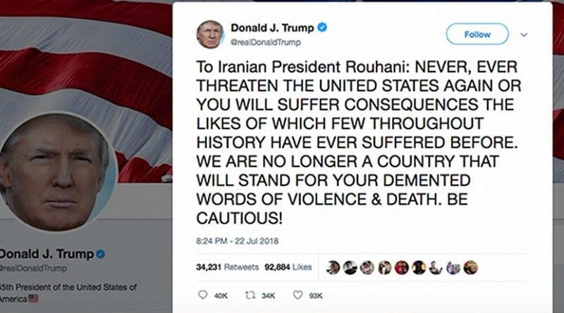 US President Donald Trump responds to Iran via Twitter.