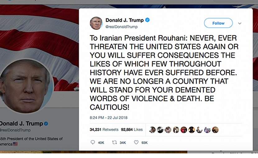 US President Donald Trump responds to Iran via Twitter.