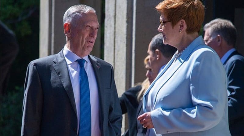 Australian Minister for Defence Marise Payne and Secretary of Defense James N. Mattis speak with each other following a session during the Australia-United States Ministerial Consultation at the Hoover Institute at Stanford University in Palo Alto, Ca., July 23, 2018. (DOD photo by Navy Petty Officer 1st Class Dominique A. Pineiro)