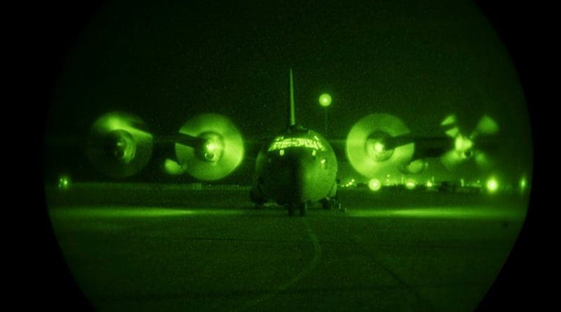 A U.S. Air Force C-130H Hercules assigned to the 746th Expeditionary Airlift Squadron at Al Udeid Air Base, Qatar, prepares to taxi down the runway for a combat airdrop mission in support of Combined Joint Task Force Inherent Resolve's Operation Roundup, June 11, 2018. The C-130H squadron is deployed from the 908th Airlift Wing, Maxwell Air Force Base, Ala. Air Force photo by Staff Sergeant Rion Ehrman