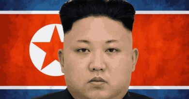 North Korea's flag and Kim Jong-Un.