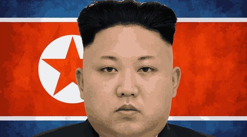 North Korea's flag and Kim Jong-Un.