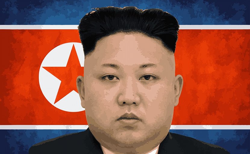 North Korea's flag and Kim Jong-Un.