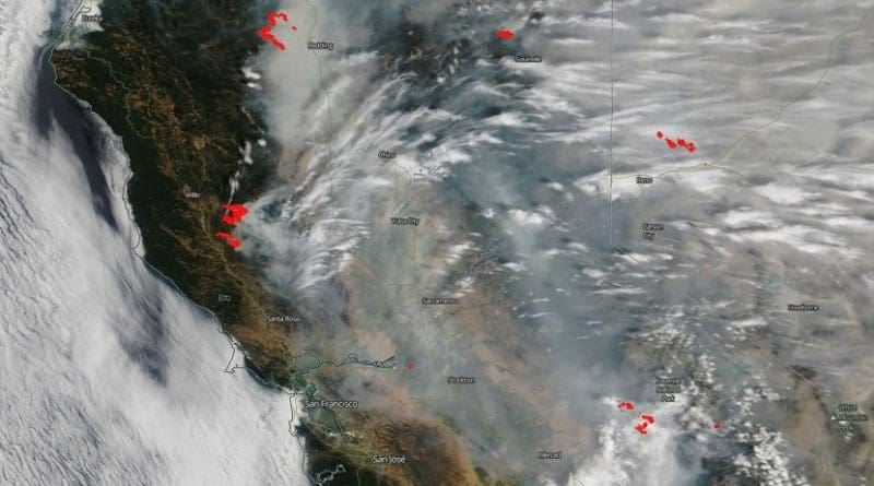 Fires across California are creating havoc statewide with homes being destroyed, people displaced, and huge amounts of noxious smoke being propelled into the atmosphere. Credit NASA image courtesy NASA/Goddard Space Flight Center Earth Science Data and Information System (ESDIS) project. Caption: Lynn Jenner with information from CAL fire and Inciweb.