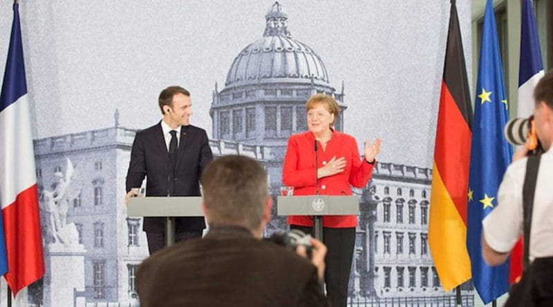 German Chancellor Angela Merkel and French President Emmanuel Macron in a press conference at the Humboldt Forum in the Berlin Palace in April 2018. Credit: Bundesregierung/Steins