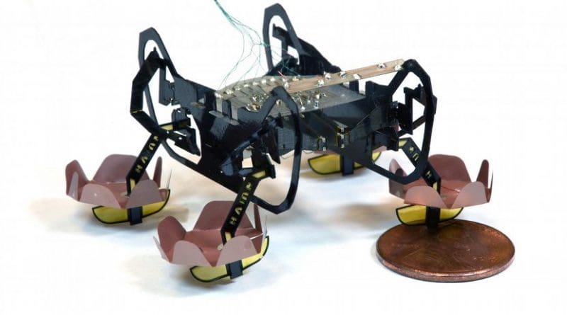 The next generation of Harvard's Ambulatory Microrobot (HAMR) can walk on land, swim on the surface of water, and walk underwater, opening up new environments for this little bot to explore. Credit (Credit: Yufeng Chen, Neel Doshi, and Benjamin Goldberg/Harvard University)