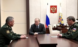 Russia's President Vladimir Putin meets with Defence Minister Sergei Shoigu and Chief of the General Staff of Russia’s Armed Forces Valery Gerasimov. Photo Credit: Kremlin.ru