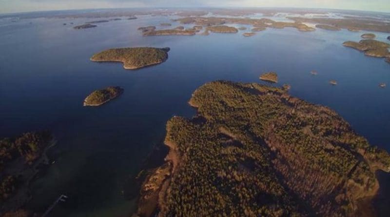 This is an aerial view of the Archipelago Sea (to the west, study location in the background). This shallow coastal area in the northern Baltic Sea is characterised by a mosaic of thousands of islands, comprising a remarkably diverse environment both geologically and biologically. Credit Kari Mattila, The Archipelago Research Institute