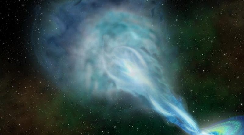 This is an artist's conception of a radio jet spewing out fast-moving material from the newly discovered quasar, which formed within the first billion years of the universe's existence. Credit Artwork by Robin Dienel, courtesy of Carnegie Institution for Science