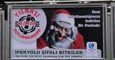 This Turkish sign reads, “Christmas is a blow to our Muslimhood.” Anti-Christian hate speech has increased in Turkey in both social and conventional media, reaching extreme levels during the 2016 Christmas season.