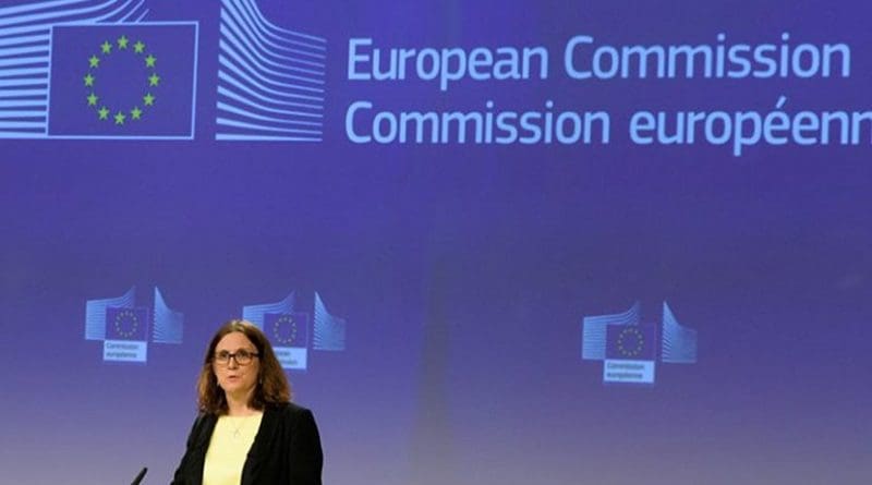 Cecilia Malmström, Commissioner in charge of Trade, during a press conference on the US restrictions on steel and aluminium affecting the EU. [European Commission]