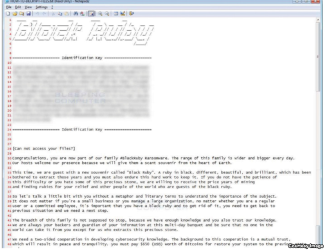 Screen grab of Iran-originated Black Ruby ransomware. It encrypts files on the infected machine and appends the .BlackRuby extension to them. Delivers an English ransom note asking for US$650 in Bitcoins. (Source: Accenture Security’s iDefense threat intelligence operations) VOA