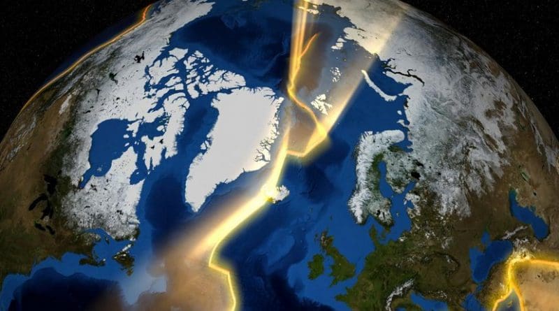 This is a visualization of the continental plates around Greenland. Credit NASA's Goddard Space Flight Center