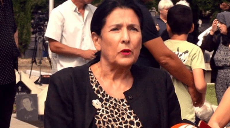 Salome Zurabishvili at Mukhatgverdi military cemetery, August 8, 2018. Photo: screengrab from a video published at facebook.com/salome.zourabichvili