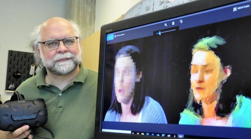 Simon Fraser University professor Steve DiPaola demonstrates his AI method for news-reporting anonymity. Credit SFU