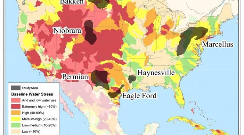 The volume of water used for fracking energy resources (gray areas) has risen sharply in recent years, raising concerns about its sustainability in regions where water resources are stressed. Credit Duke University