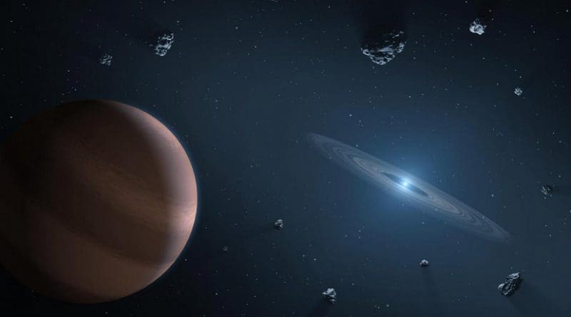 Artists impression of white dwarf star (on right) showing dust disc, and surrounding planetary bodies Credit NASA